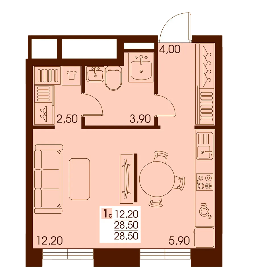 Студия, 28.5 м², <nobr>6 этаж</nobr> - планировка 